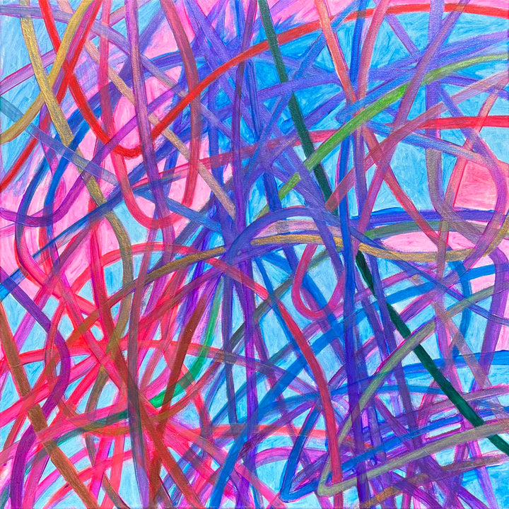 Metallic and fluorescent acrylics painting with colorful dynamic lines, under standard light