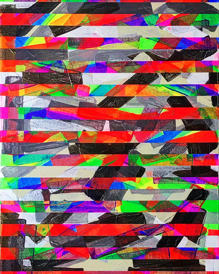 Metallic and fluorescent acrylics painting with colorful stripes, under standard light