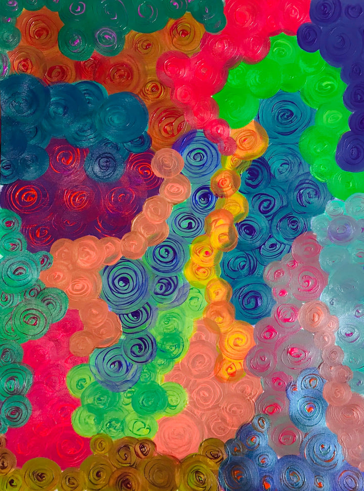 Metallic and fluorescent acrylics painting with colorful rosettes, under standard light