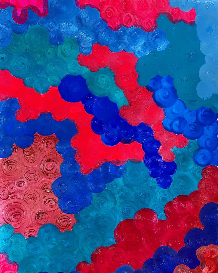 Metallic and fluorescent acrylics painting with colorful rosettes, under standard light
