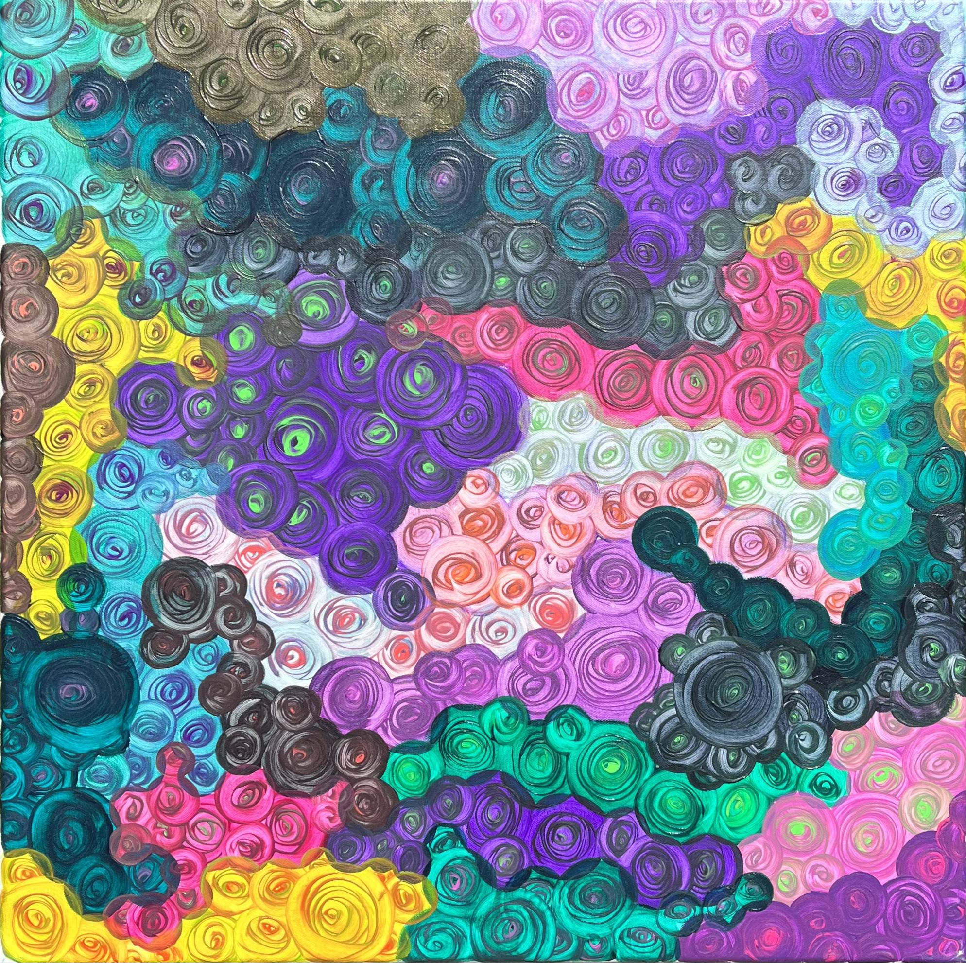 Metallic and fluorescent acrylics painting with colorful rosettes, under standard light