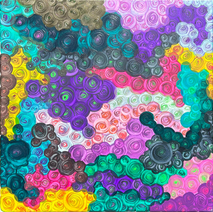 Metallic and fluorescent acrylics painting with colorful rosettes, under standard light