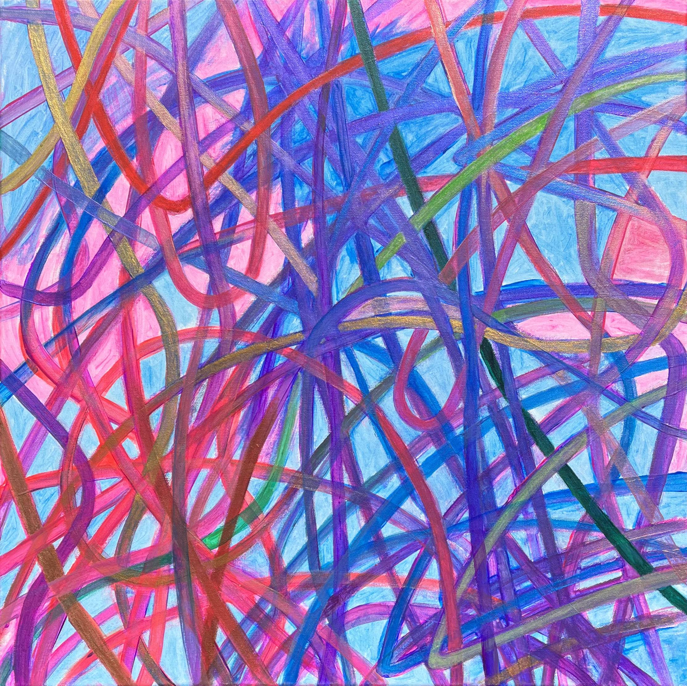 Metallic and fluorescent acrylics painting with colorful dynamic lines, under standard light