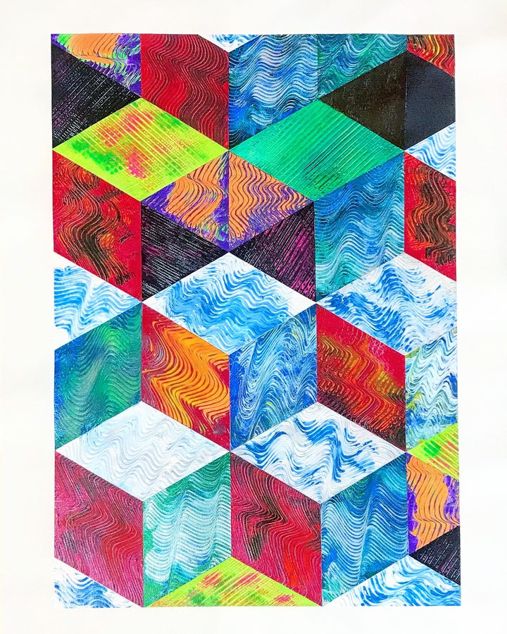 Metallic and fluorescent acrylics painting with colorful cubes, under standard light