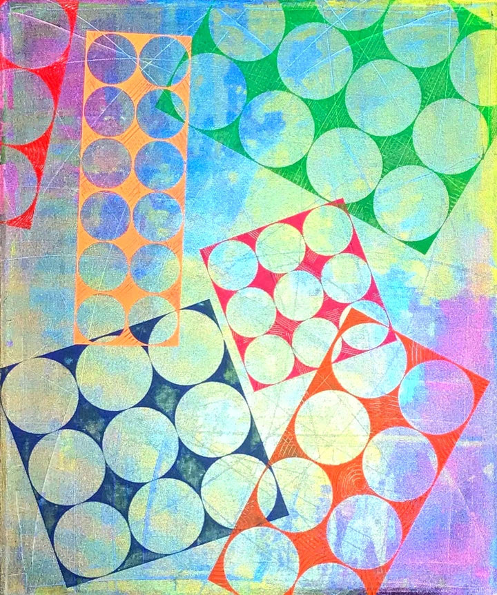 Metallic and fluorescent acrylics painting with colorful circles, under standard light