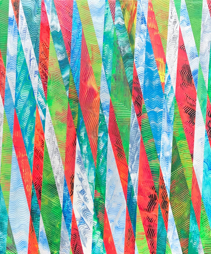 Metallic and fluorescent acrylics painting with colorful stripes, under standard light