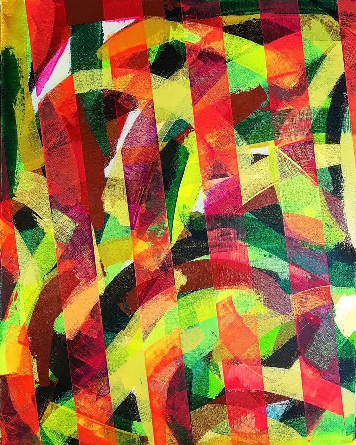 Metallic and fluorescent acrylics painting with colorful stripes, under standard light