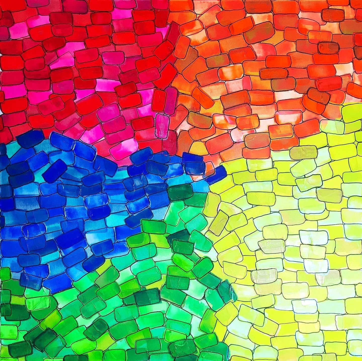 Metallic and fluorescent acrylics painting with pebbles of five different colors, under standard light