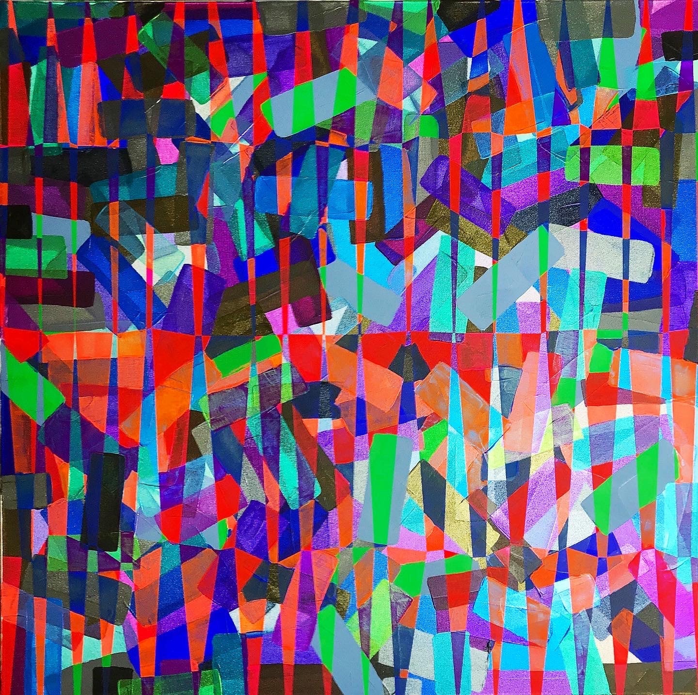 Metallic and fluorescent acrylics painting with colorful stripes and angles, under standard light