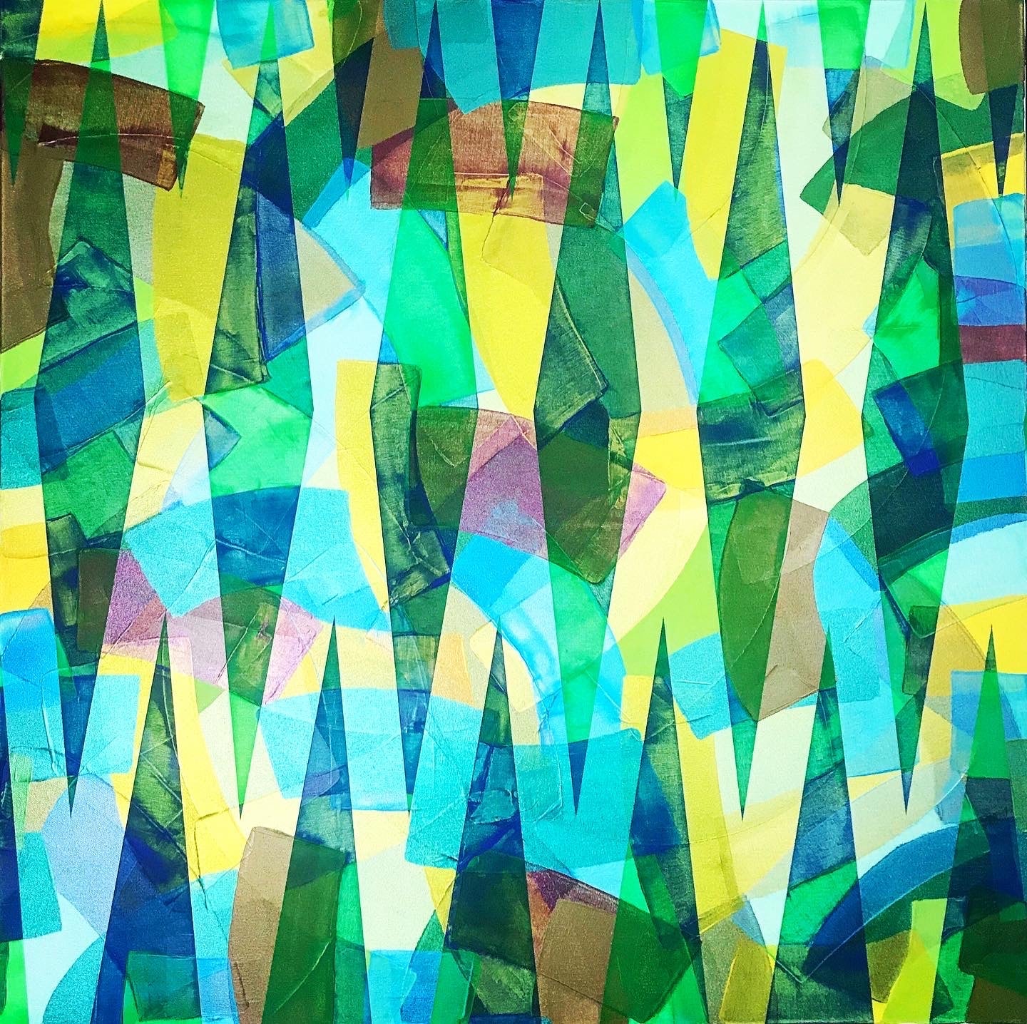 Metallic and fluorescent acrylics painting with colorful stripes and angles, under standard light