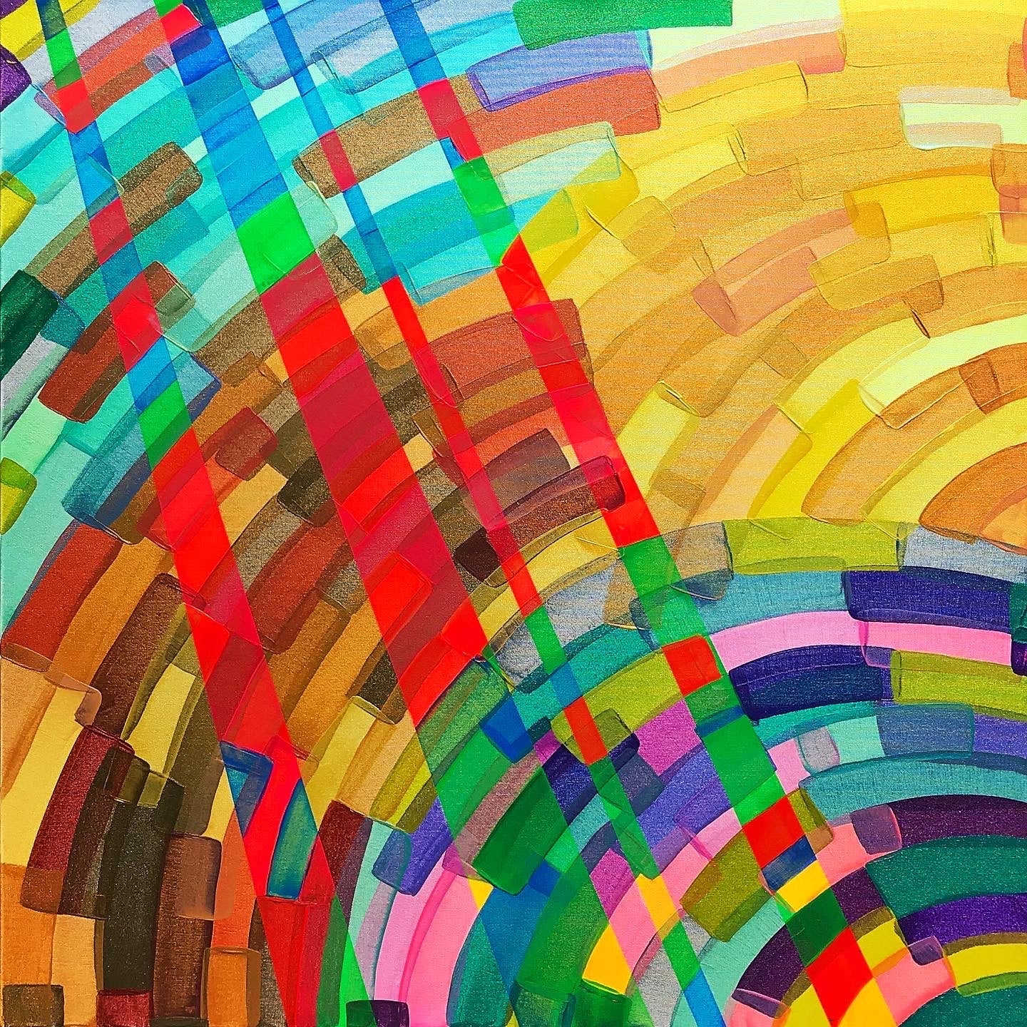 Metallic and fluorescent acrylics painting with colorful stripes and circles, under standard light