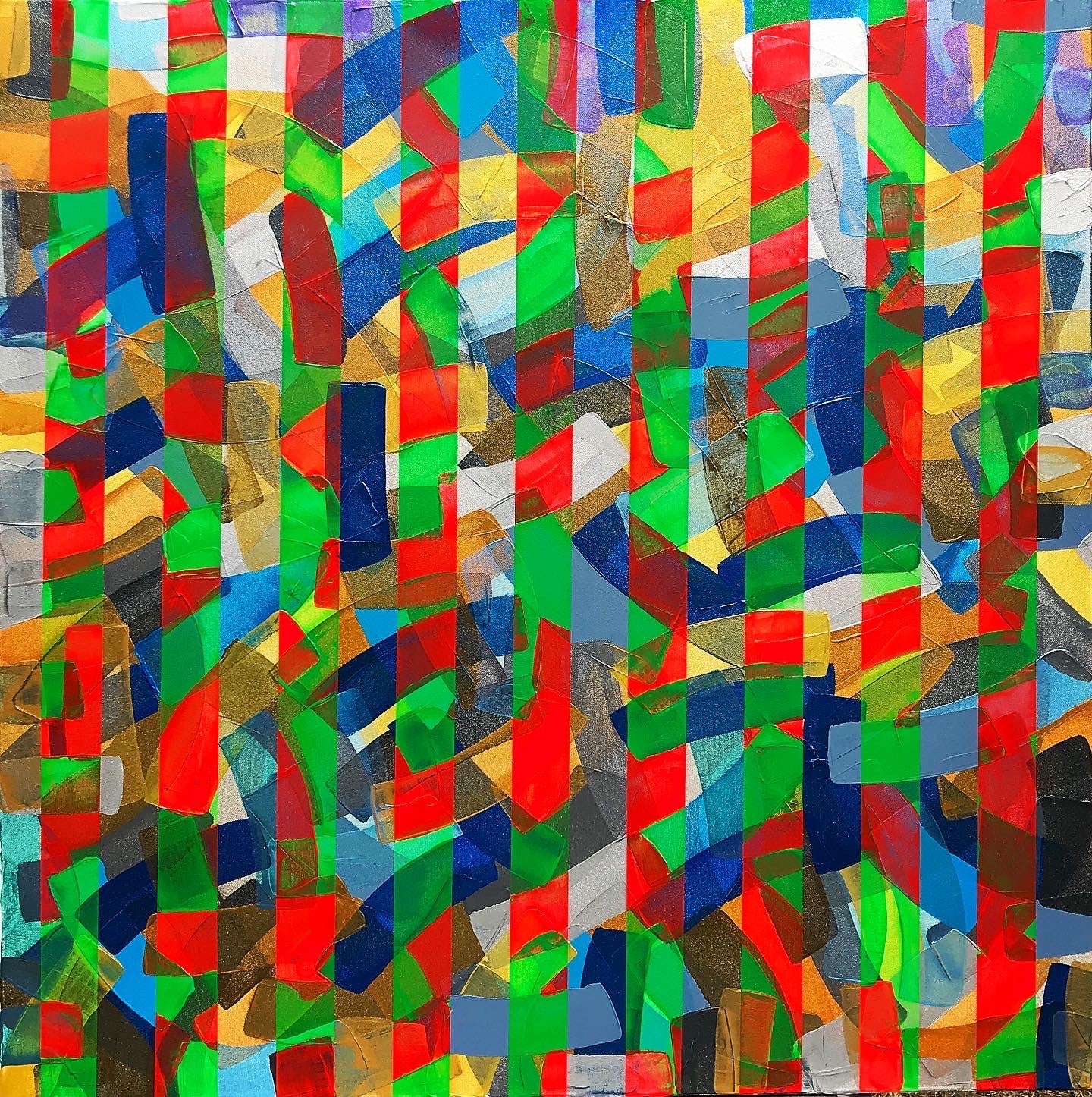 Metallic and fluorescent acrylics painting with colorful stripes, under standard light