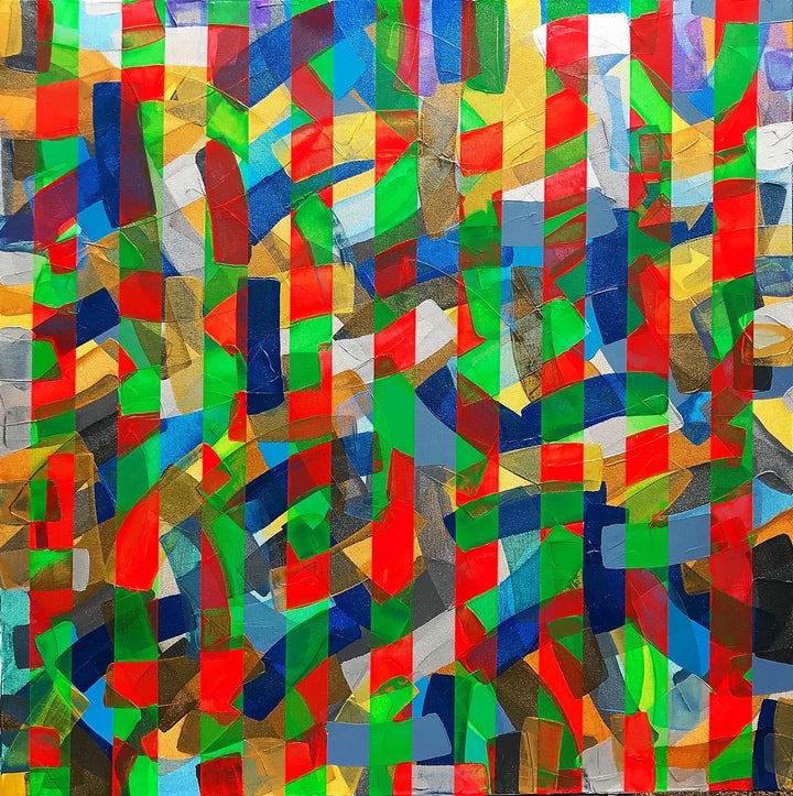 Metallic and fluorescent acrylics painting with colorful stripes, under standard light